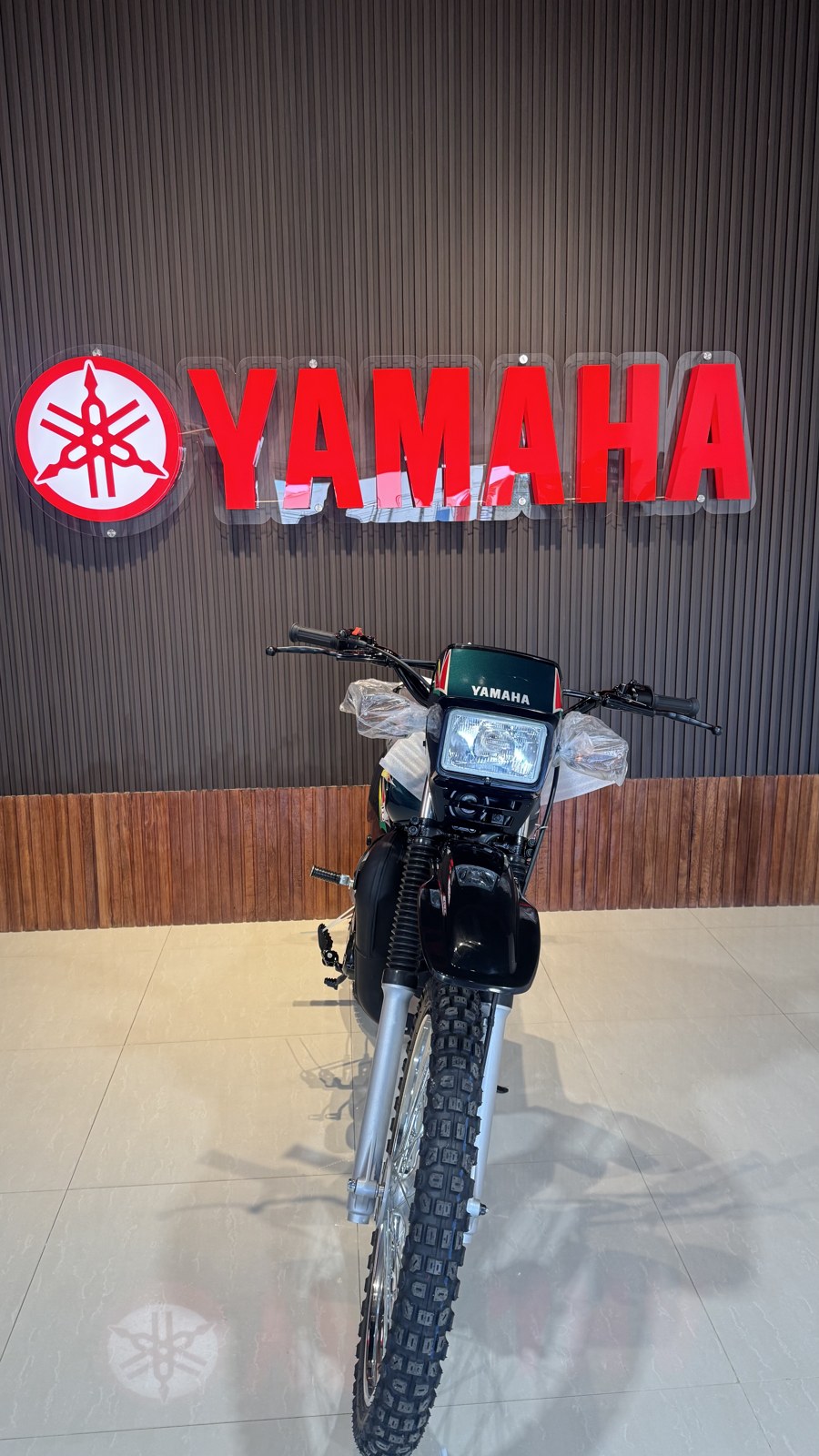 Yamaha DT 175 color negro y verde, vista frontal